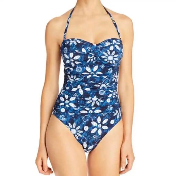 Bleu Rod Beattie NWT Blue White Tropical Floral Sweetheart One Piece Swim Suit 6 - Picture 1 of 12